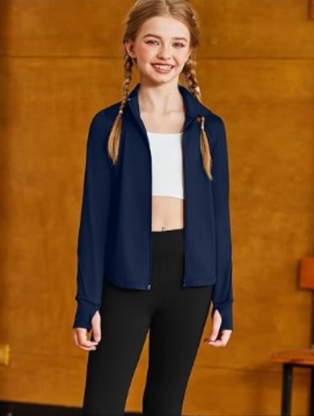 Girls Zip Up Athletic Jacket Kids Lightweight Horse Riding Shirt Navy Blue